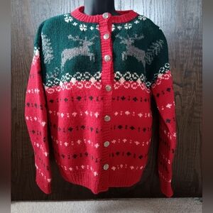 Eddie Bauer Red and Green Reindeer Cardigan